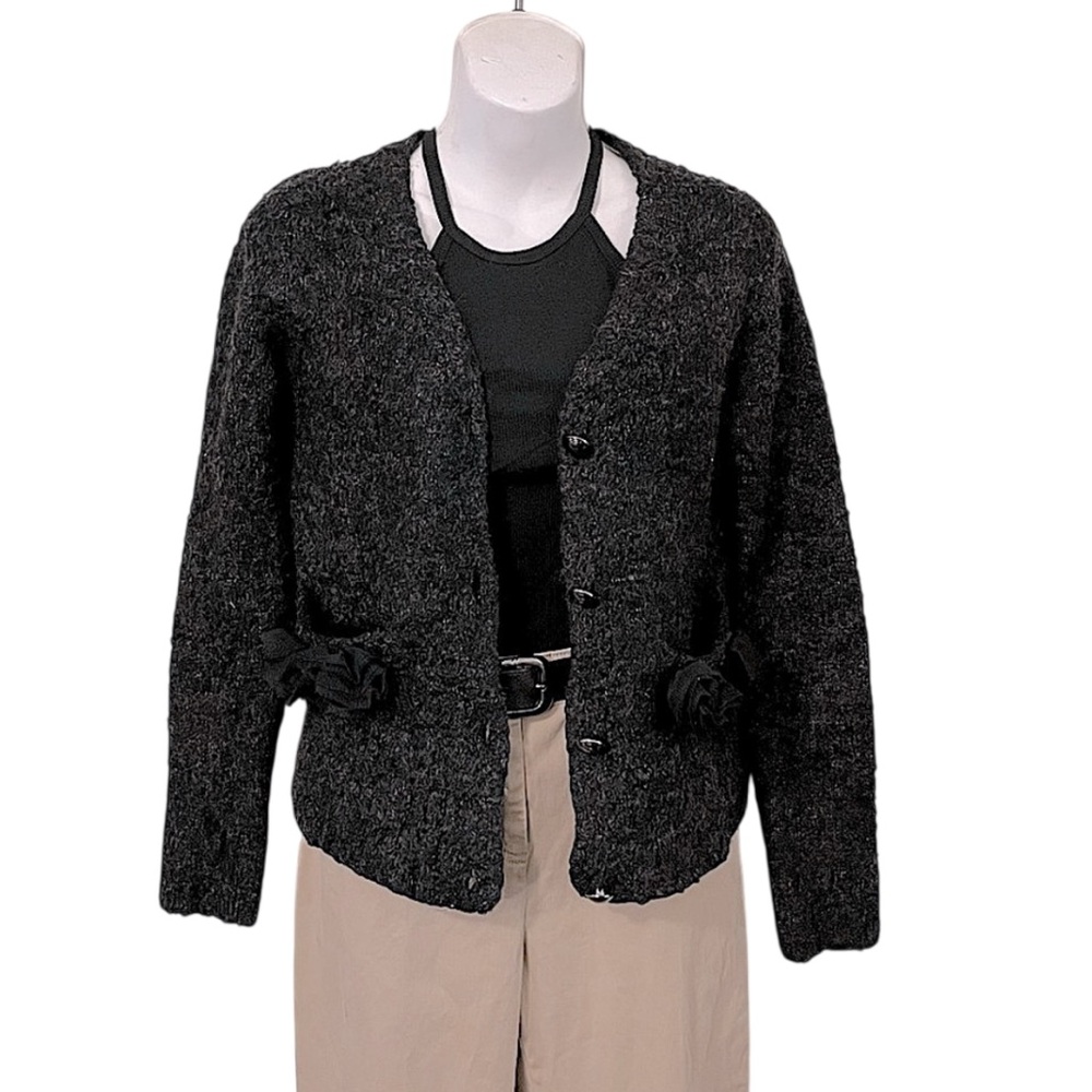 Charcoal Gray Women’s Fitted Button Down Cardigan Sweater Rosettes On Pockets